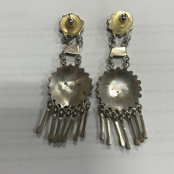 Vintage Native American Silver & Turquoise Double Drop Fringe Earrings - Picture 2 of 9